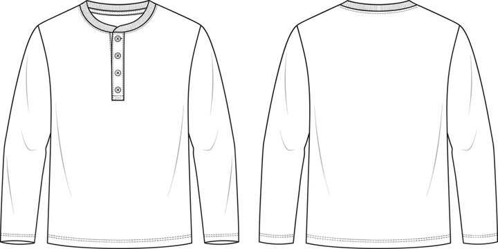 Men long sleeve henley shirt technical flat fashion sketch front and back view vector illustration template