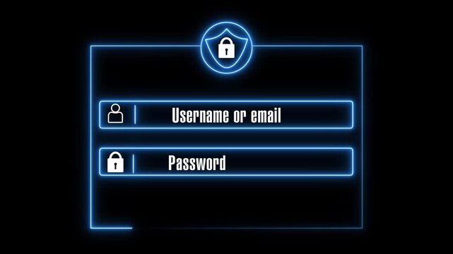 Glowing blue login screen on a dark background with username, password and lock icon. Modern cyber security concept for website access, data protection and online privacy.
