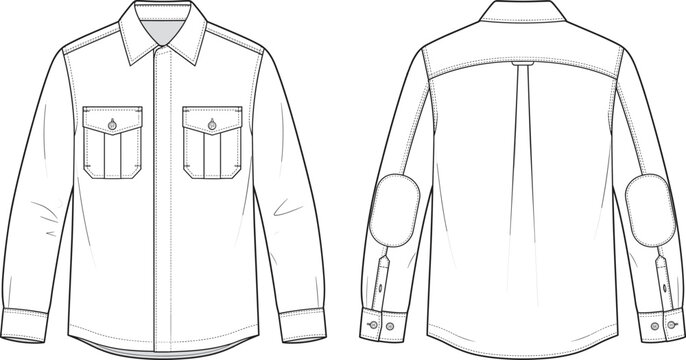 Men long sleeve utility shirt with elbow patches technical flat fashion sketch front and back vector illustration