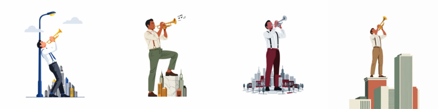 A collection of four stylized illustrations of a jazz musician playing the trumpet against various urban city backgrounds in a flat design style.