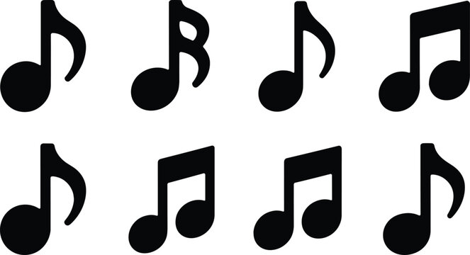 Music note silhouette vector set featuring various musical key notation symbols isolated on white background