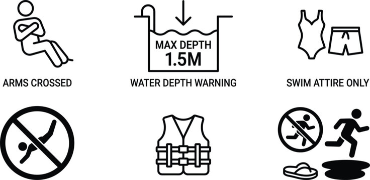 Water Park and Swimming Pool Safety Line Icon Set with Water Depth Warning Swim Attire Life Jacket and No Diving Symbols