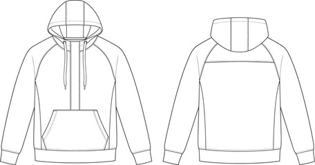 Unisex pullover hoodie with raglan sleeves front pouch pocket and drawstring hood technical flat fashion sketch vector illustration © uzzala