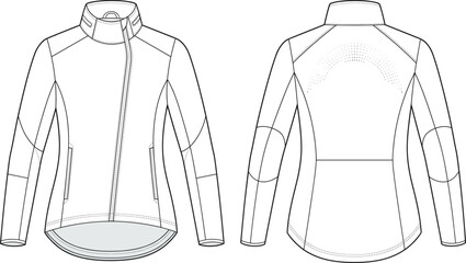 Women activewear cycling jacket with asymmetrical zipper technical flat fashion sketch front and back view vector illustration © uzzala