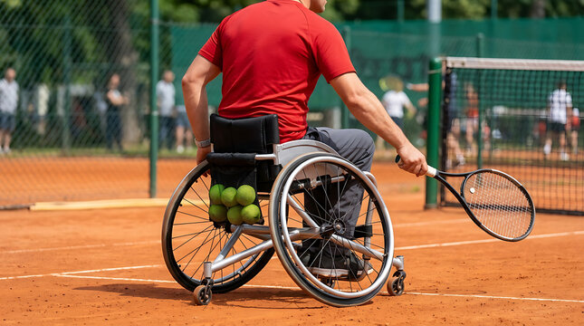 Professional Para Athlete in Tennis Wheelchair Preparing for Match on Clay Court