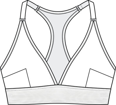 Women athletic sports bra with racerback design and elastic waistband technical flat fashion sketch vector illustration template