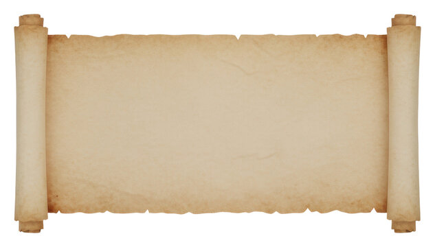 Horizontal blank parchment scroll with rolled edges and aged texture suspended over a transparent background with soft shadows. Historical template concept
