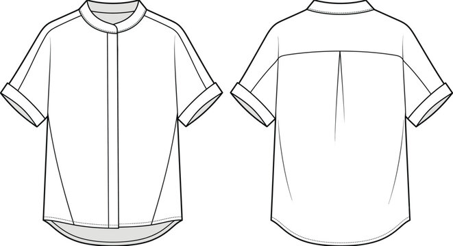 Women short sleeve shirt with mandarin collar and cuffed sleeves technical flat fashion sketch front and back vector