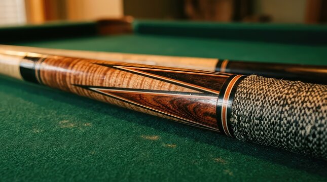 Closeup of Pool Cue Stick on Billiards Table