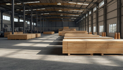 Obraz premium Spacious industrial warehouse interior filled with stacks of lumber on pallets