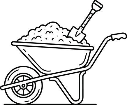 Wheelbarrow graphic displaying single wheel trolley loaded with gravel soil material including inserted digger shovel tool
