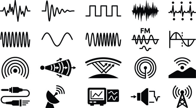 Collection of black waveform, signal transmission, and telecommunication icons for electronic and technology design projects