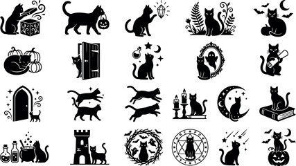 Fototapeta premium Black Cat with Door and Nature Element Vector Illustration Silhouette Set Featuring Window Gate and Leaf Branch Design