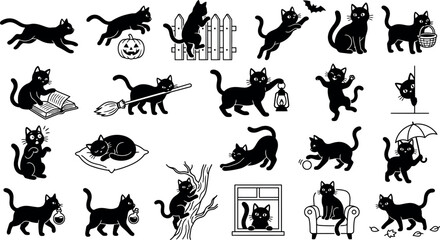 Fototapeta premium Cozy Home Black Cat Silhouette Vector Illustration with Armchair Window and Climbing Tree Halloween Design