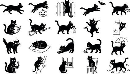 Fototapeta premium Black Cat with Everyday Object Vector Illustration Silhouette Set Featuring Candy Bucket Fence and Spellbook Design