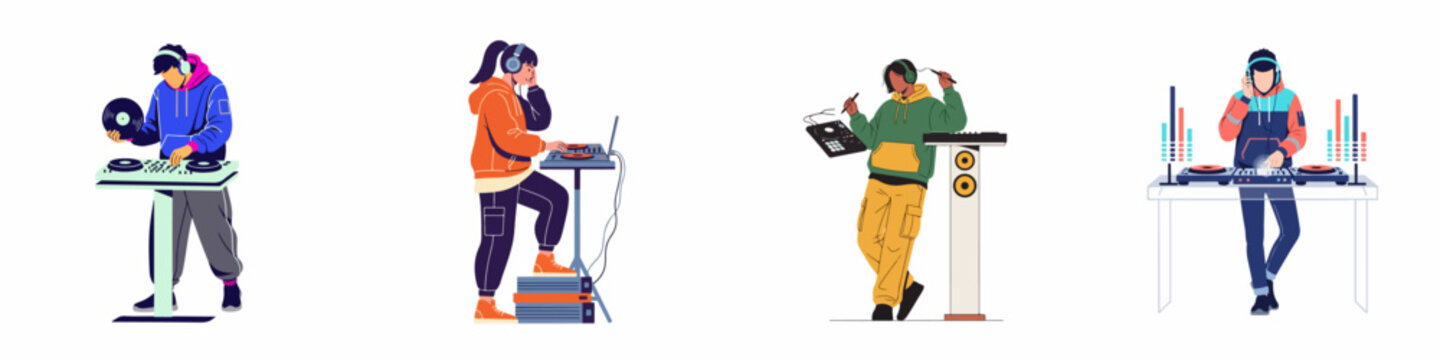 Collection of Diverse DJs and Musicians Performing with Professional Audio Equipment, Turntables, and Mixers in a Vibrant Flat Illustration Style.