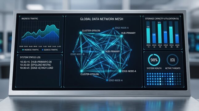Global data network mesh dashboard monitor displaying system status log, ingress traffic graph and storage capacity utilization charts.