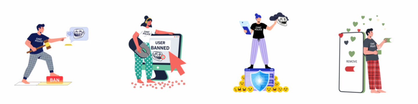 Chat Police Concept Illustrations showing social media moderation, banning users, removing toxic content, and protecting online communities from internet trolls.