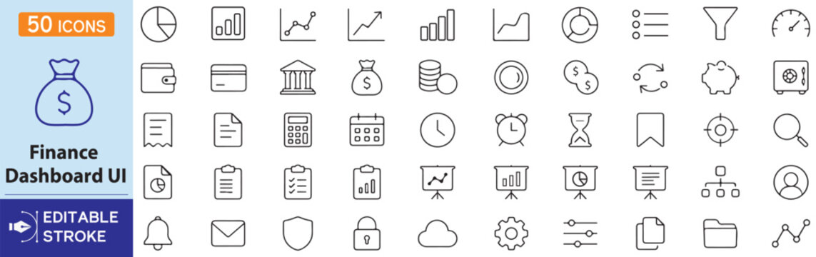 50 Finance Dashboard UI Vector Outline Icons Set &ndash; Banking, Analytics, Business, Charts and Editable Stroke Line Symbols Collection
