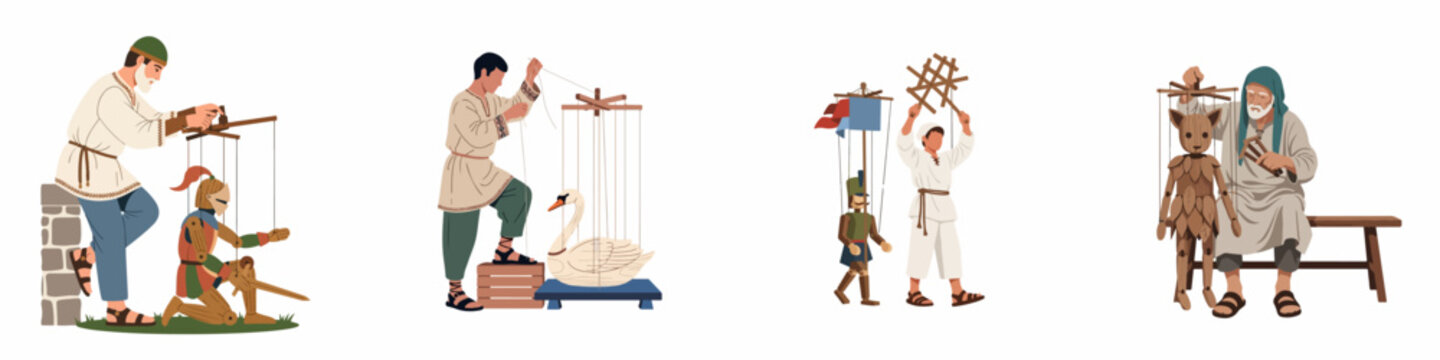 Collection of illustrations showing puppeteers controlling different string puppets including a knight, a swan, a soldier, and a wooden puppet boy.