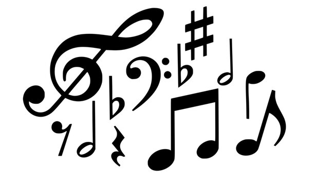 Dynamic abstract music notation composition vector illustration featuring a scattered mix of treble clef bass clef sharps flats and eighth notes on white background.