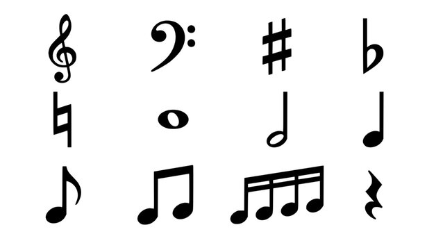 Classical music notes and notation symbols vector set featuring treble clef bass clef sharp flat natural eighth half and quarter notes isolated on white.