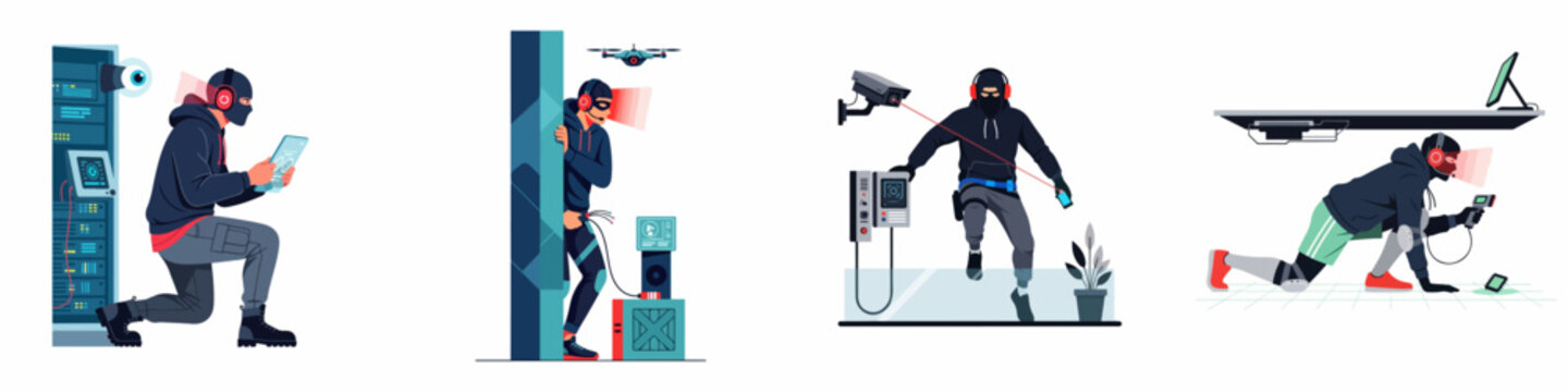 Set of high-tech thief and spy characters performing cybercrime, data theft, and security bypass using advanced gadgets in various industrial espionage scenarios.