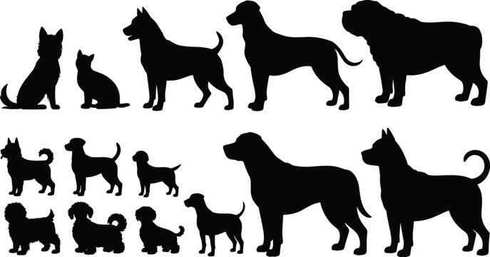 Domestic dog silhouette vector set featuring various purebred puppies and adult dogs standing isolated on a clean white background