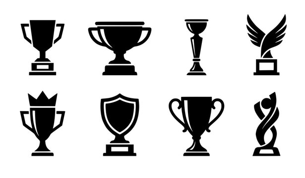 Championship trophy cup award vector silhouette set featuring crown goblets victory wing statues shield plaques and abstract modern tournament success icons.