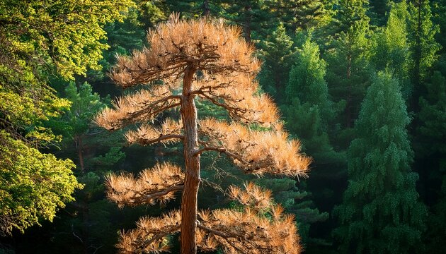 Light Brown Tree Of Withering Pine On A Background Of Green Leaves Natural Light Sunny Day Natural Background Forest Wild Nature Spring Summer Vertical Lines
