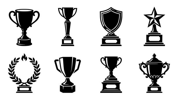 Gold trophy cup award vector silhouette set featuring victory star medals shield plaques and laurel wreath tournament championship icons isolated on white.