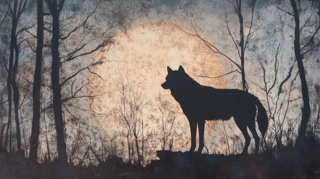 Silhouette of a wolf standing in a forest at night, with a large moon in the background.