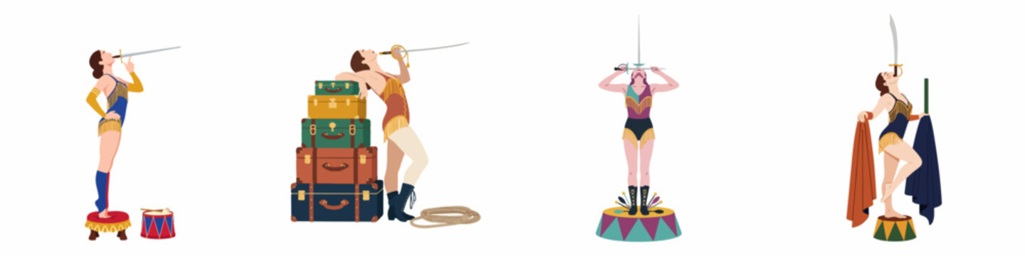 Set of flat vector illustrations showing a female circus sword swallower in various performance poses with vintage props on a white background.