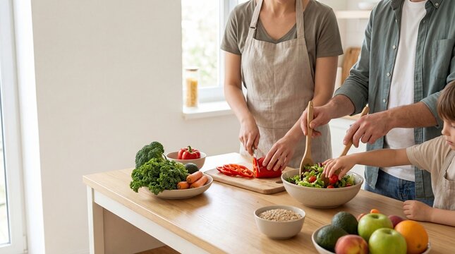 Family cooking healthy meal together in modern kitchen, parents and child preparing fresh vegetables salad, lifestyle concept, home cooking, nutrition, bonding, organic food ing...