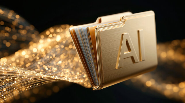 Golden AI folder icon floating above glowing fiber light stream, symbolizing advanced digital data and intelligent file storage