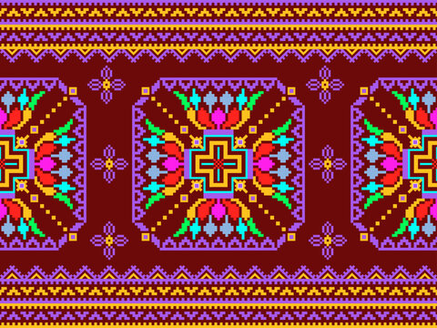 Traditional pixel folk textile pattern featuring colorful geometric floral motifs, ornamental borders, and symmetrical decoration in red, purple, turquoise, yellow, and green. Seamless ethnic-inspired