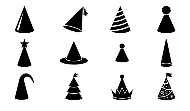 Festive celebration and costume hat vector silhouette set featuring party cone hats birthday crowns witch hats and elf headwear isolated on a white background.