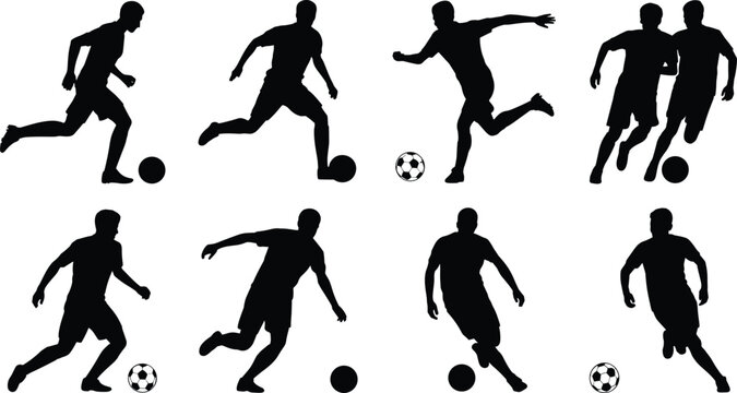 Soccer player silhouette vector set featuring football athletes running kicking dribbling ball in actions isolated on white background