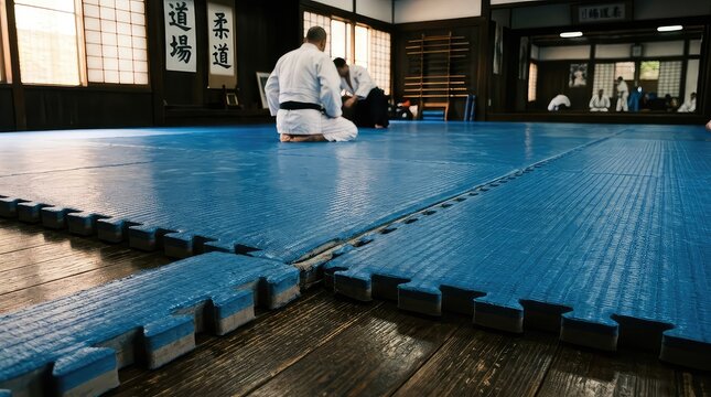 Martial arts practitioners practicing in a traditional dojo