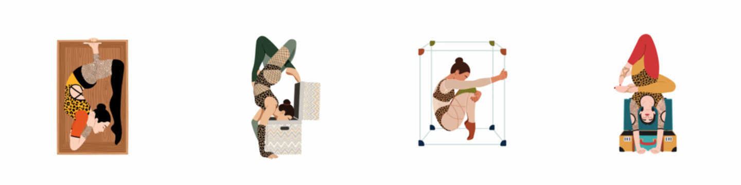 Set of vector illustrations of a female contortionist performing flexible and extreme poses inside boxes and suitcases, isolated on a white background.