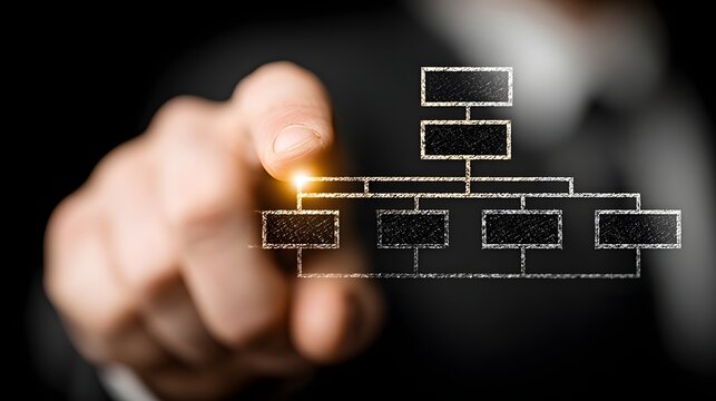Businessman finger pointing to a glowing corporate organization chart icon representing company hierarchy structure.