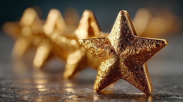Close up of a textured glitter gold star standing out in front of a blurry row of stars on a reflective dark floor.