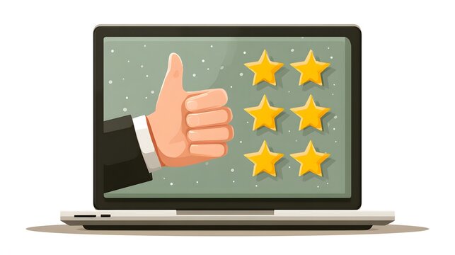 Laptop screen displaying a vector illustration of a hand giving a thumbs up next to six golden rating stars.