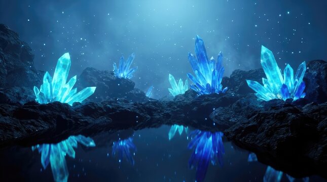 Glowing blue crystals in a dark mystical cave.