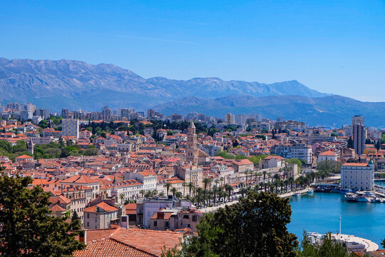  Scenic viewpoints of Split old town, Riva harbour and Adriatic sea from Marjan Hill in Split, Croatia