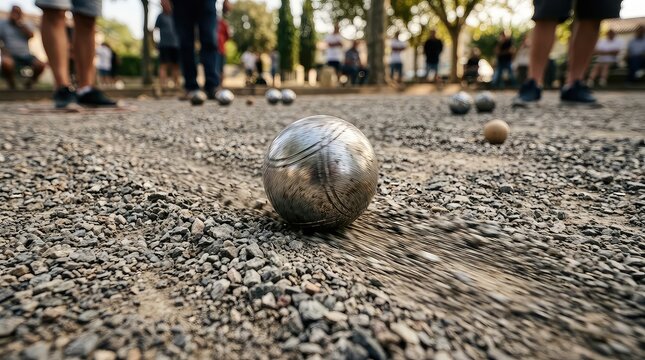 Closeup of metallic petanque ball on gravel court during game