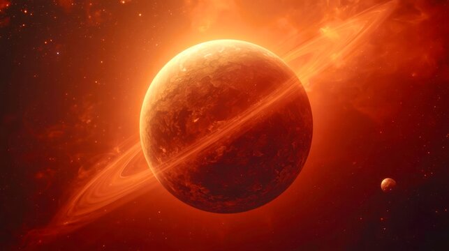 Vast red planet glows with swirling rings