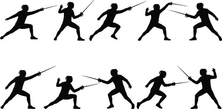 Fencing Sport Silhouette Icon Set Featuring Athletes in Competitive Duel and Action Poses