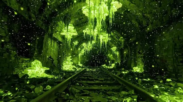 Abandoned railway tunnel with glowing green crystals and drifting particles, framing dark brick arches and tracks leading into mysterious underground passageway, dimly lit and empty