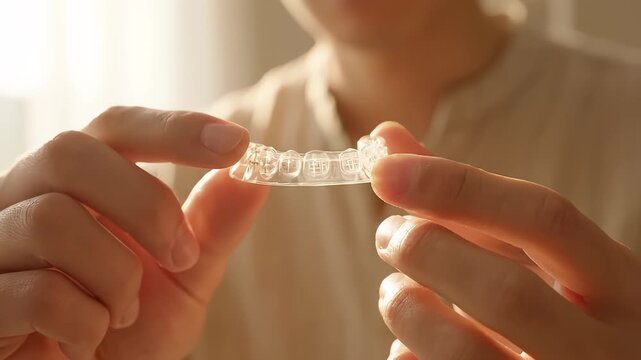 Close up shot of a person hands holding a clear plastic orthodontic teeth aligner, dental correction concept in warm natural lighting, high quality medical video footage.